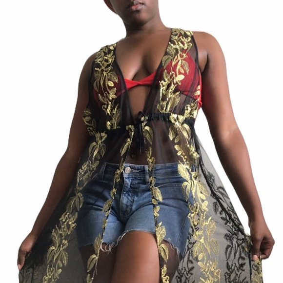 Forever 21 Dresses & Skirts - Forever 21 Mesh Black & Gold Self Tie Kimono